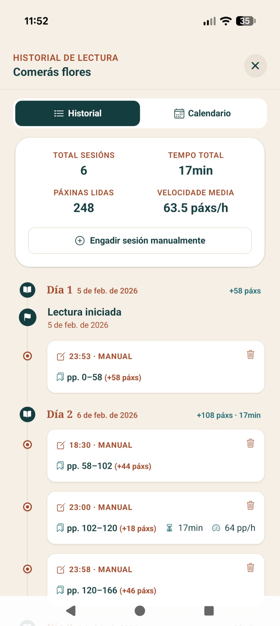 Historial detallado de sesións de lectura